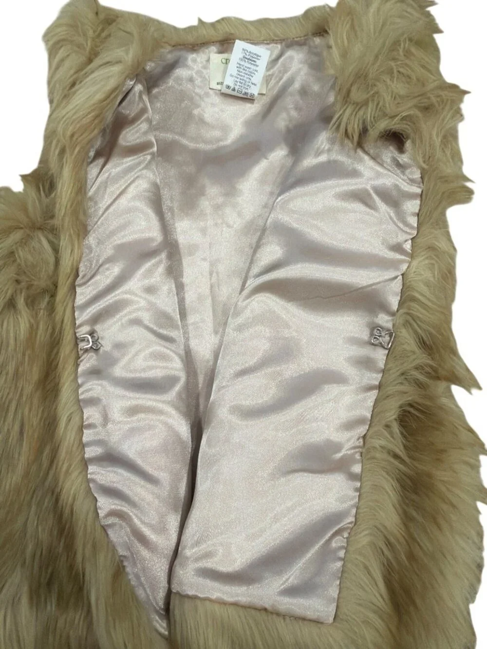 Crewcuts Girls Tan Faux Fur Vest M-L Acrylic Blend Satin Lining Hook Closure